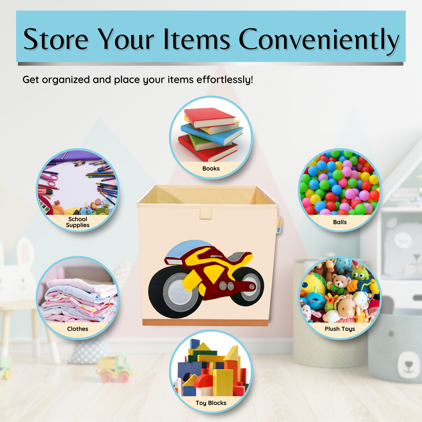 Kids Foldable Toy Storage Cube 13x13 – Washable Canvas Bin Organizer for Playroom, Nursery, motorcycle