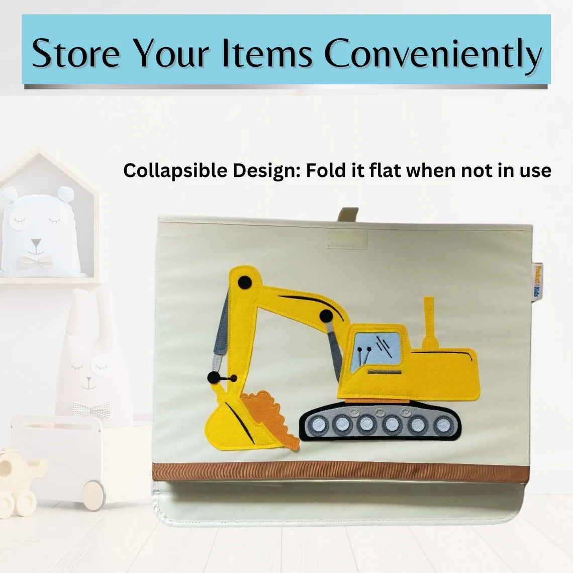 Excavator Kids Large Toy Storage Bin 20x14 – Foldable Washable Canvas Organizer for Playroom, Nursery