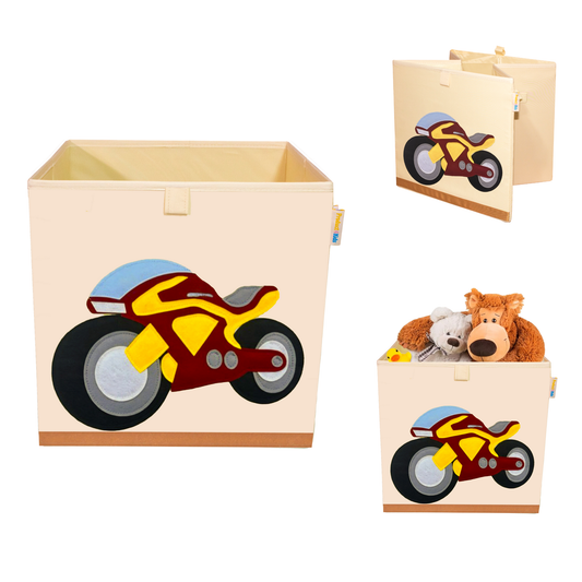 Kids Foldable Toy Storage Cube 13x13 – Washable Canvas Bin Organizer for Playroom, Nursery, motorcycle