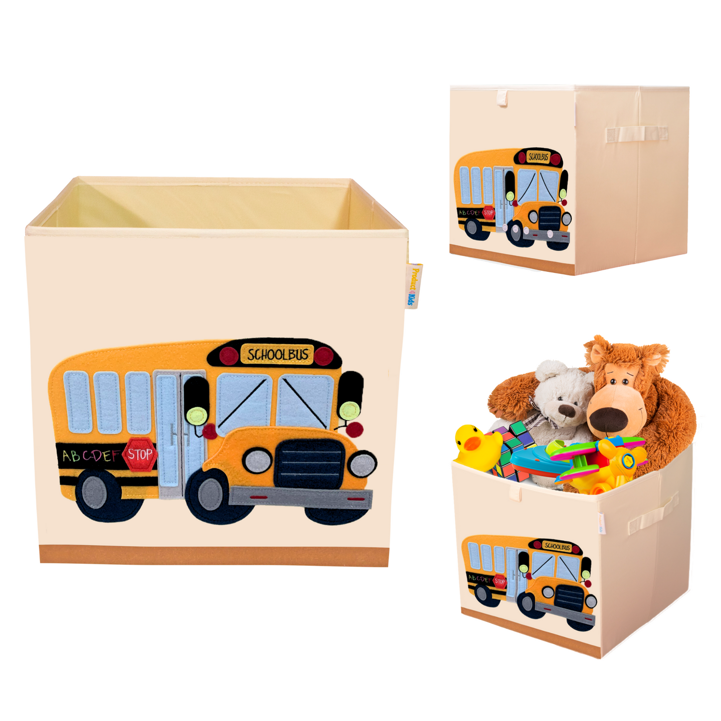 Product 4 Kids - Washable Toy Box Storage Cube, Canvas Toy Chest Organizer Foldable Kids Toy Storage Organizers for Child's Bedroom or Playroom -13x13x13 Inch (School Bus)…