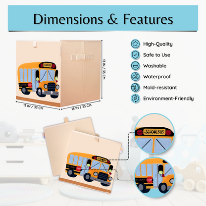 Product 4 Kids - Washable Toy Box Storage Cube, Canvas Toy Chest Organizer Foldable Kids Toy Storage Organizers for Child's Bedroom or Playroom -13x13x13 Inch (School Bus)…