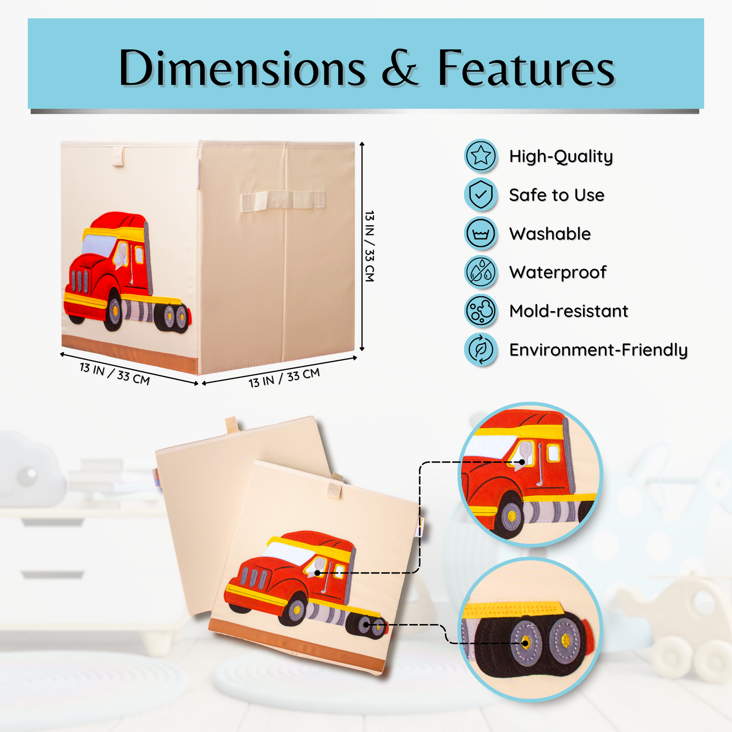 Product 4 Kids - Washable 13 Inch Cube Storage Bins, Canvas Storage Cubes Toy Box, Foldable Kids Toy Storage Organizers, Toy Chest for Books Art Supplies for Child's Bedroom or Playroom (Truck)