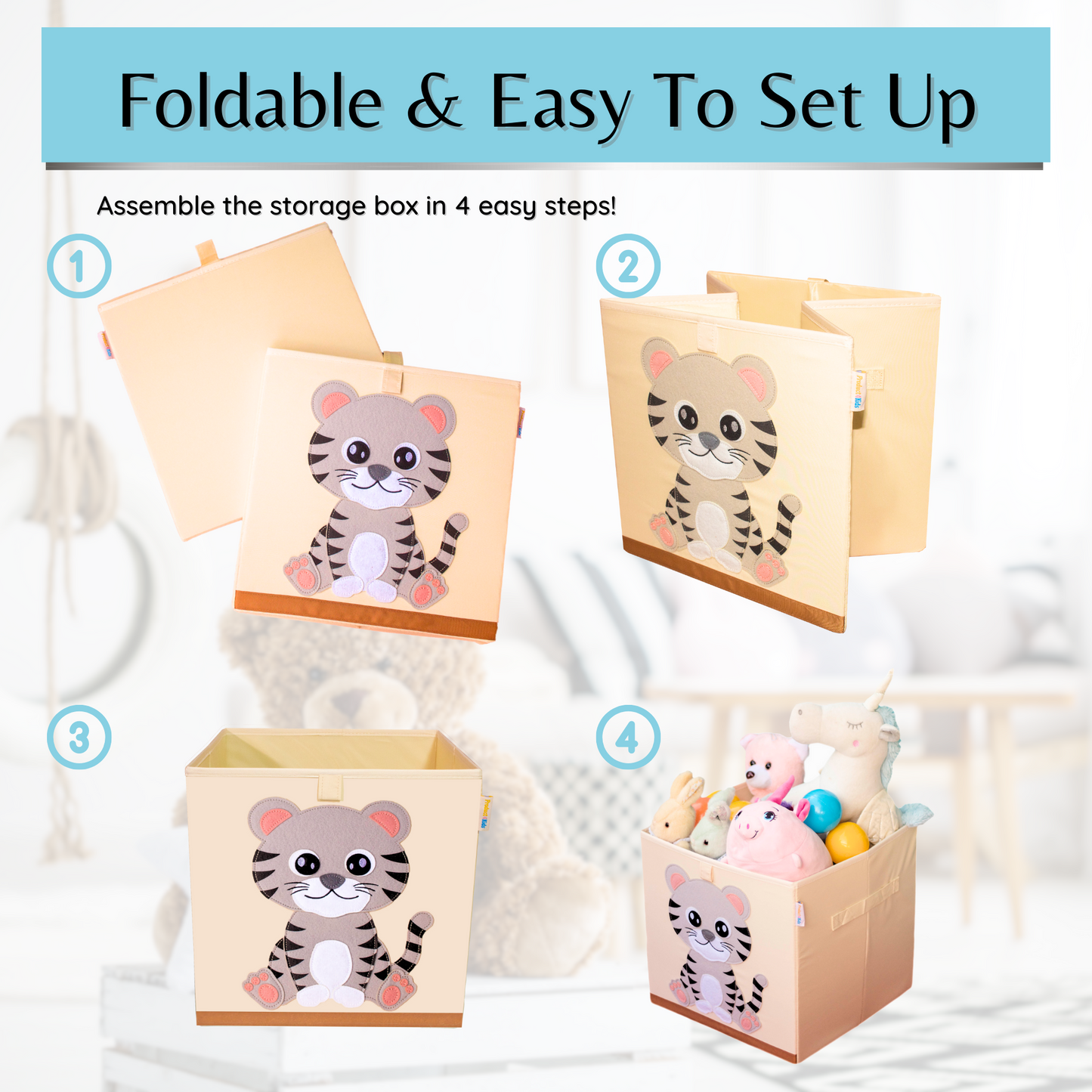 Product 4 Kids Collapsible Toy Storage Bin, Fabric Toy Box/Chest/Organizer, Safari Animal Nursery Cube, 13 Inch Storage Bin Tiger Cub