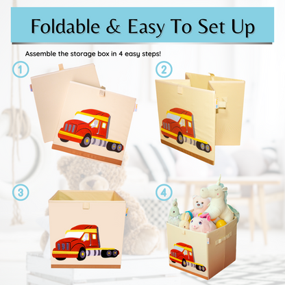 Product 4 Kids - Washable 13 Inch Cube Storage Bins, Canvas Storage Cubes Toy Box, Foldable Kids Toy Storage Organizers, Toy Chest for Books Art Supplies for Child's Bedroom or Playroom (Truck)