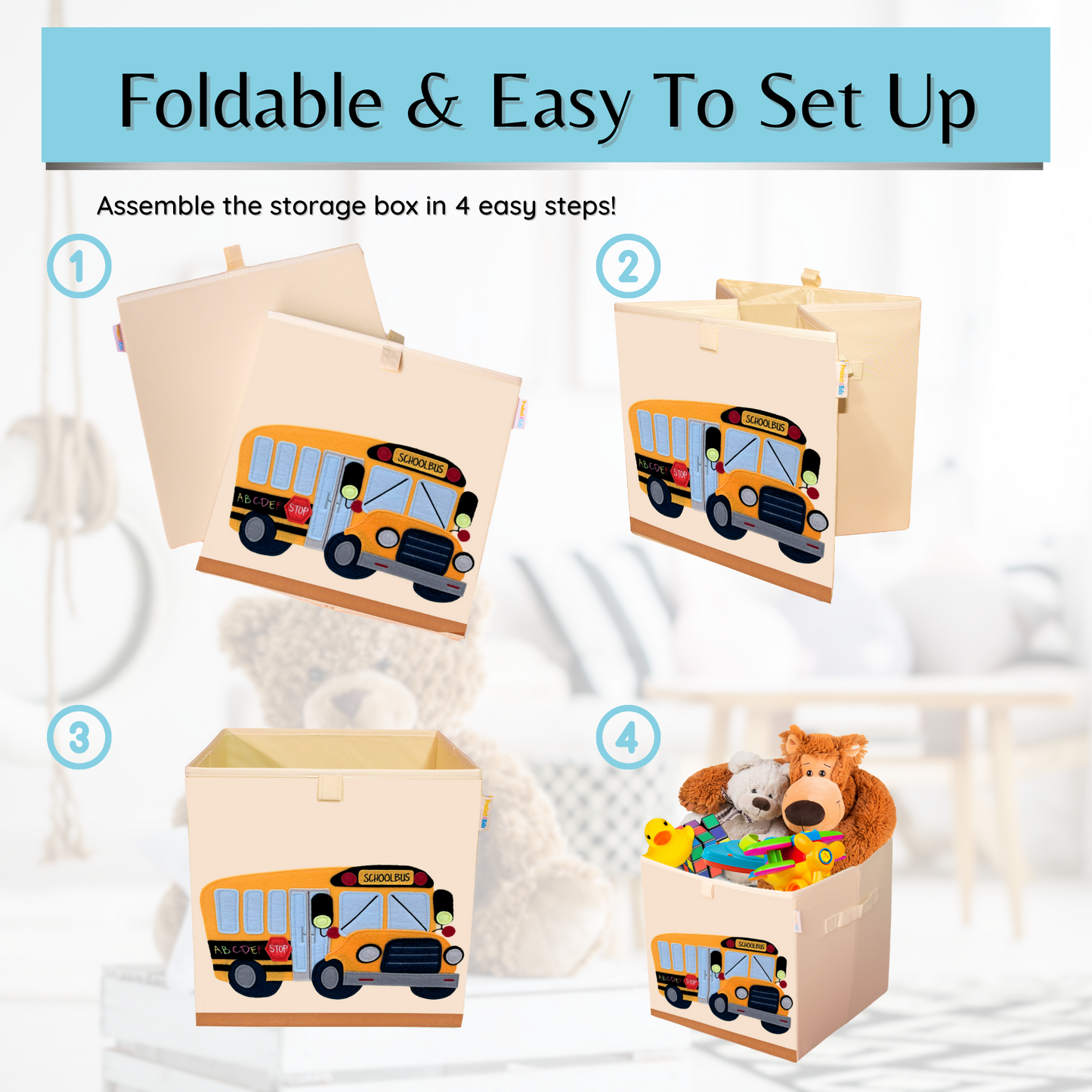 Product 4 Kids - Washable Toy Box Storage Cube, Canvas Toy Chest Organizer Foldable Kids Toy Storage Organizers for Child's Bedroom or Playroom -13x13x13 Inch (School Bus)…