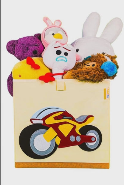 Kids Foldable Toy Storage Cube 13x13 – Washable Canvas Bin Organizer for Playroom, Nursery, motorcycle