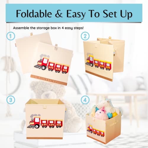 Product 4 Kids - Washable Toy Box Storage Cube, Canvas Toy Chest Organizer Foldable Kids Toy Storage Organizers for Child's Bedroom or Playroom -13x13x13 Inch (Train)